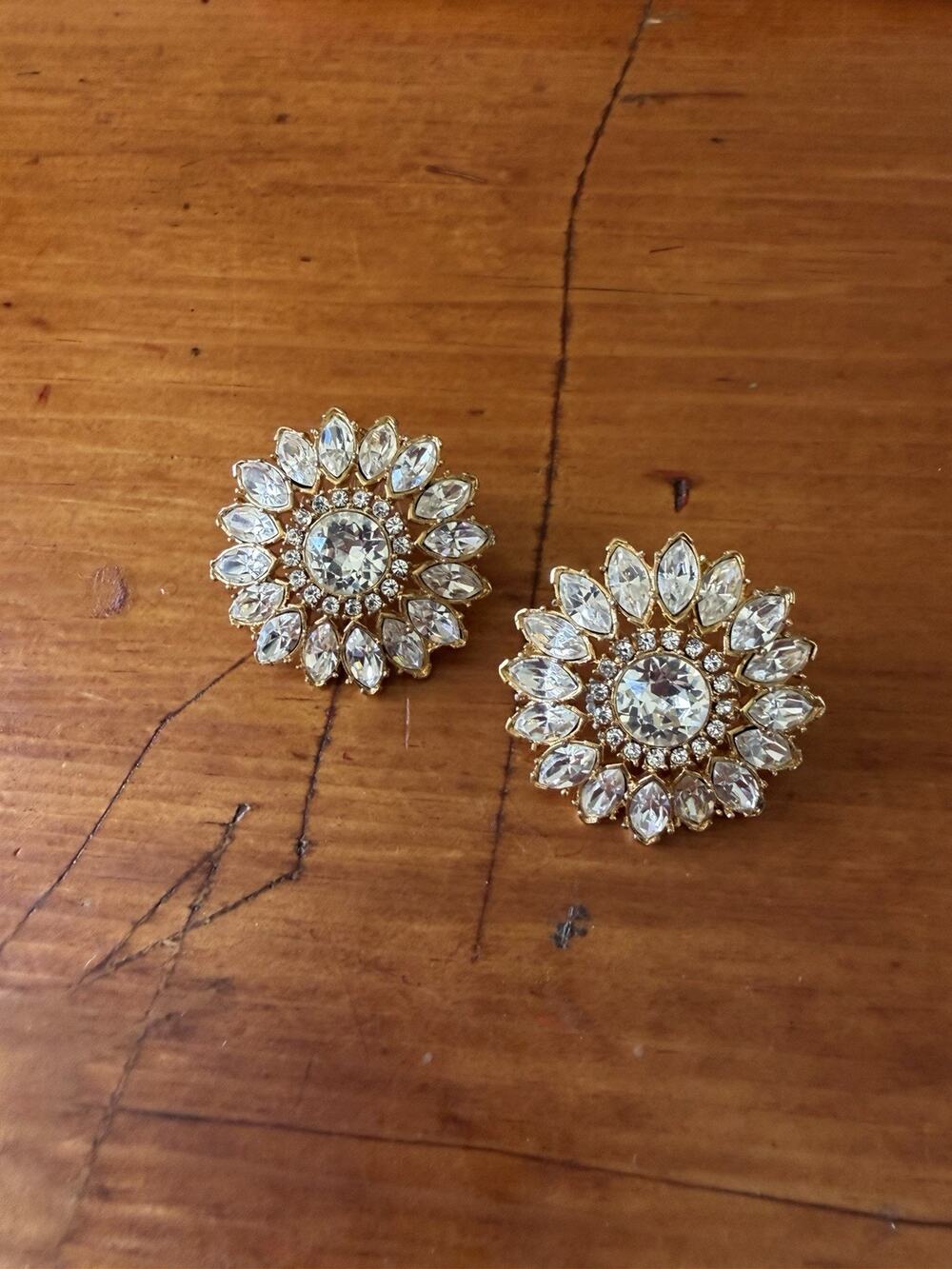 Gold Tone Clear Rhinestone Floral Statement Earrings Crystal Post Back